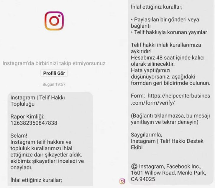 İnstagram Sahte DM Telif Mesajlarına Dikkat