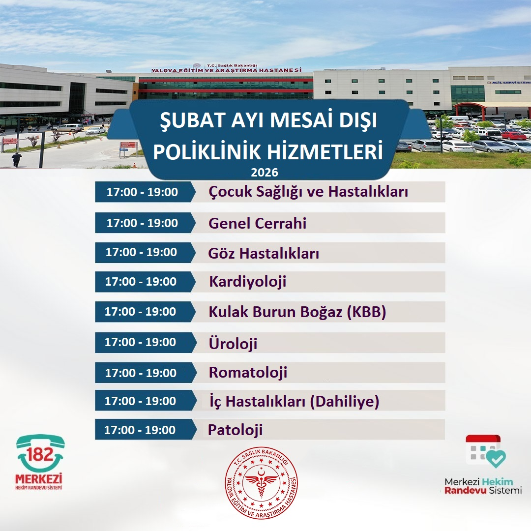 Yalova EAH'de Şubat Ayı Mesai Dışı Poliklinik Hizmetleri Başlıyor