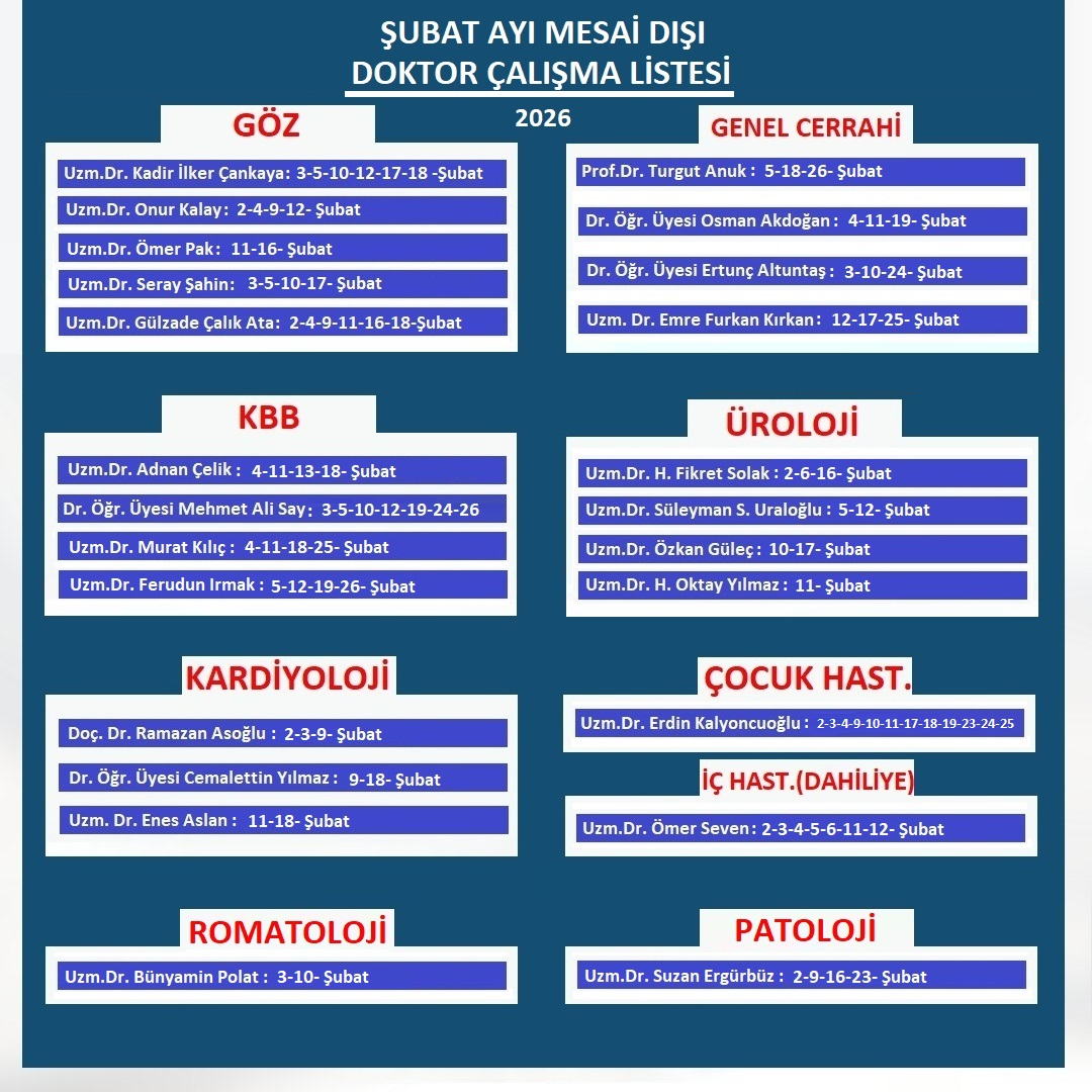 Yalova EAH'de Şubat Ayı Mesai Dışı Poliklinik Hizmetleri Başlıyor